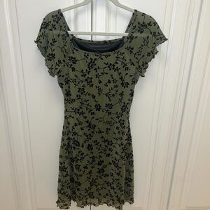 Olive Green Floral Ruffle Velvet Summer Goth Fairycore Dress Sz M